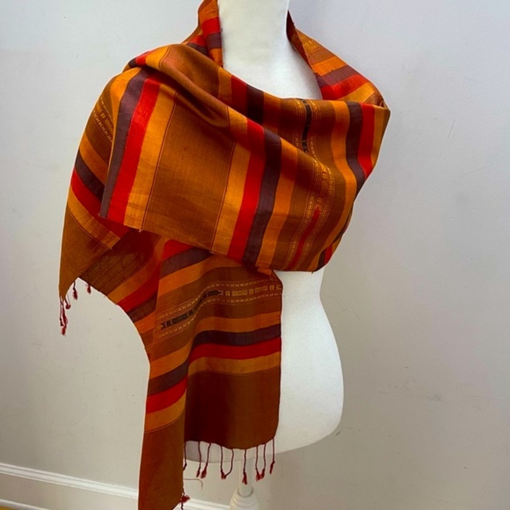 Raw Silk Sunset Colors Orange, Gold, Red, Purple Striped Scarf